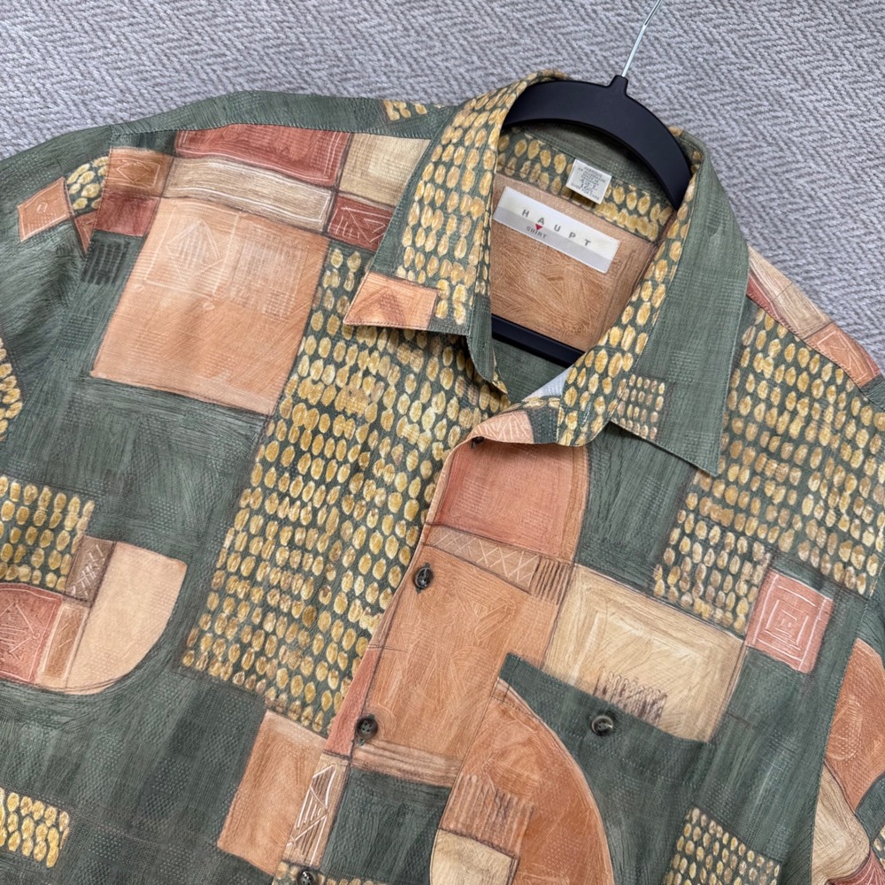 Haupt Shirt 42-Large Green Abstract Geometric Short Sleeve Button Down Germany